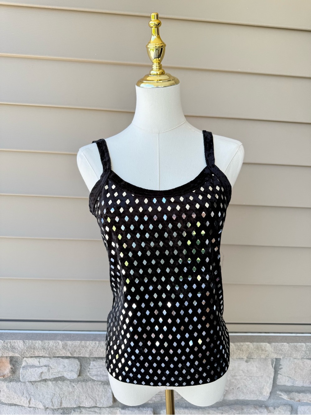Vintage Glamour Chik Black Velvet Tank with Iridescent Mirror Accents